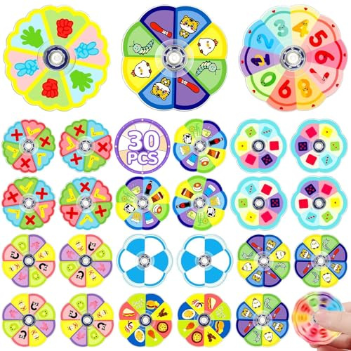 SCIONE 30-pack Mini Fidget Spinners för barn, pedagogiska spel på paket med insekter, djur, siffror och mat, tysta fidgetleksaker för klassbelöningar (4 cm)