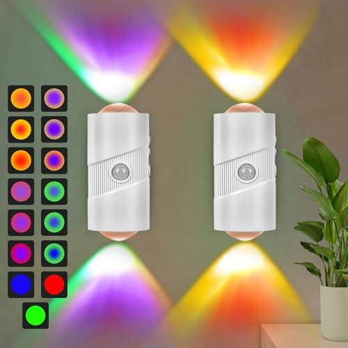 AUAUY 2Pz Lampada da Parete a LED, con Rilevatore di Movimento, 7 Colorea | Applique da Parete Magnetica, Luminosità Regolabile & Ricaricabile, per Camere da Letto, Corridoi, Cucine