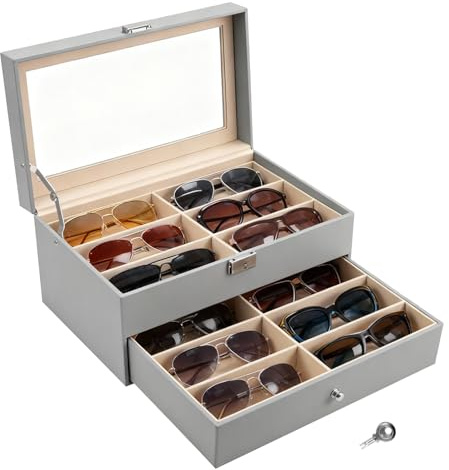 GREENSAPPIRE Brillenbox Eleganter Brillenkoffer aus Kunstleder mit Sichtfenster, Aufbewahrungsbox für Sonnenbrillen & Brillen,Schmuck&Accessoires (Grau, 2 Stock, Einheitsgröße)