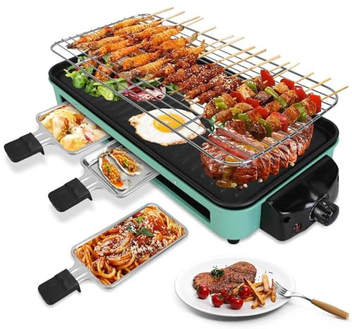 TeqHome 1500W Electric Indoor Grill,2 in 1 Smokeless Raclette Table Grill for Kitchen,Barbecue Korean BBQ Grill with Grill Net,Non-Stick Cooking Removable Plate & 5 Temperature Control，Dishwasher Safe