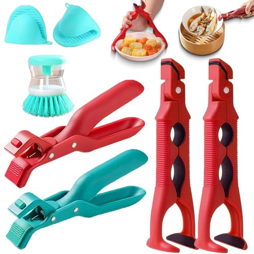 4PCS Hot Plate Grippers, Anti Scald Bowl Clip, Bowl Dish Plate Grabber Clips Tongs Clamp Holder with 2 Silicone Sleeves & 1cleaning brush, New Hot Plate Grippers Tongs for Microwave, Air Fryer & Oven