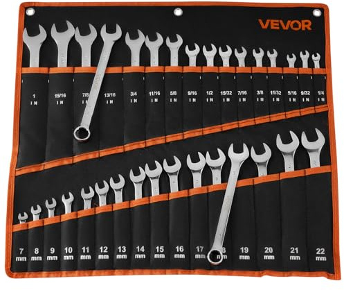 VEVOR Juego de Llaves Combinadas 32 Unidades, Llave de Estrella de 12 Puntas, Métrica y SAE, con Bolsa de Almacenamiento, Acero al Carbono, para Talleres Reparaciones de Automóvil Bricolaje Hogar