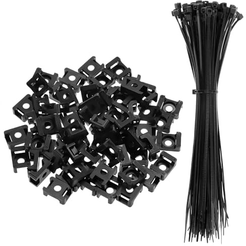 QWORK® 100 Supports de Fixation pour Colliers de Serrage, 23x16x9 mm, avec 100 Attaches de Câble 20 cm - Réutilisables et Ignifuges