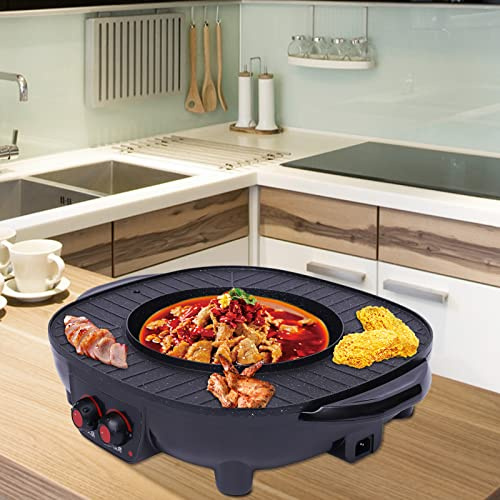 Hotpot 2 in 1 e piastra grill, pentola e piastra elettrica da tavolo, con rivestimento antiaderente, contenitore per olio e coperchio trasparente, per ristoranti e riunioni di famiglia