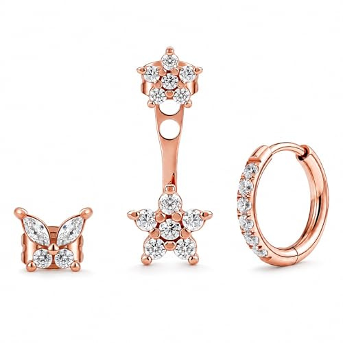 Set di orecchini a bottone da donna - Set per 3 fori in acciaio chirurgico placcato oro 18K, oro rosa o argento - Cerchi e zirconi resistenti all’acqua