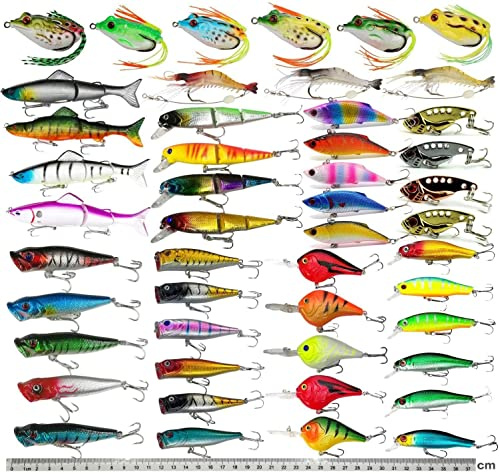 XBLACK Fishing Lures Set, Including Minnow Popper Jointed VIB Shrimp Frogs, Whopper Fishing Lure for Bass Catfish Pike, Baits for Freshwater Saltwater, Fishing Gifts for Men Women(48pcs)
