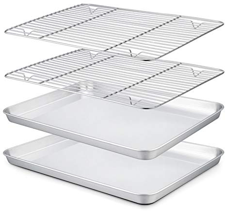 Stainless Steel Baking Tray with Cooling Rack, 4 Pack (2 Pans+2 Racks) | Ideal for Baking Roasting Serving Cooling Grilling, No Coatings, Sturdy & Non-rust, Mirror Finish & Dishwasher Safe