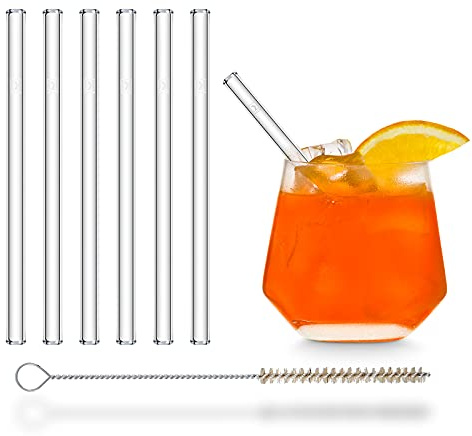 HALM Pailles en Verre Courtes - Lot de 6 Pièces Droites de 15 cm - Pailles en Verre Réutilisables + Brosse de Nettoyage Sans Plastique - Pailles à Boire en Verre pour Verres à Cocktail, Verres pour En