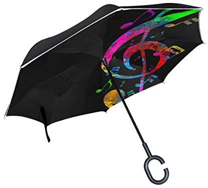 MNSRUU Regenschirm, umkehrbar, Bunte Musiknoten, doppellagiger, gerader Regenschirm, UV-Schutz, Winddicht, Reise-Regenschirm mit C-förmigem Griff
