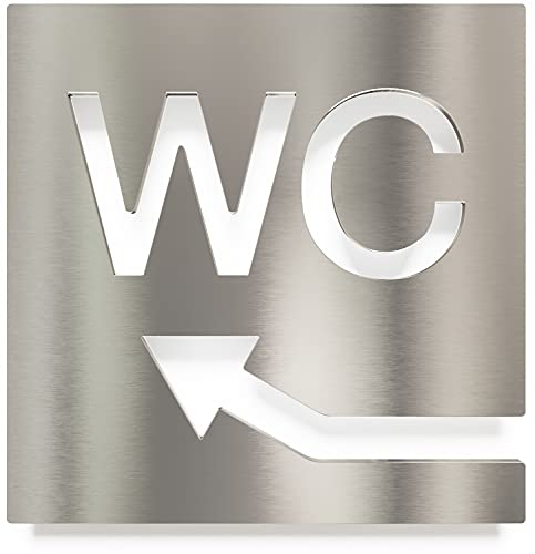 Edelstahl WC-Schild - selbstklebend & pflegeleicht - Design Toiletten-Schild mit Pfeil links W-07-E