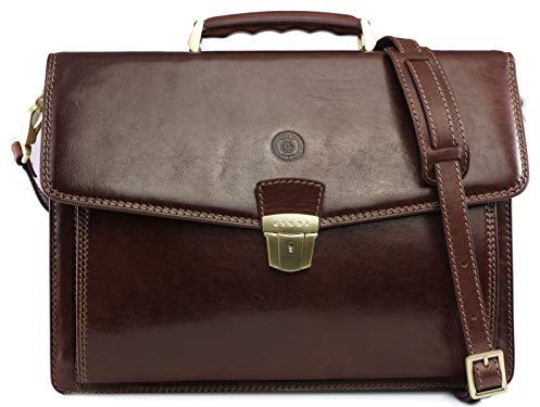 Giudi ® Aktentasche Laptoptasche Leder Braun Klassisch Vintage Retro Aktenkoffer Businesstasche Groß Laptop-Fach Schultergurt Umhängetasche Diplomatentasche