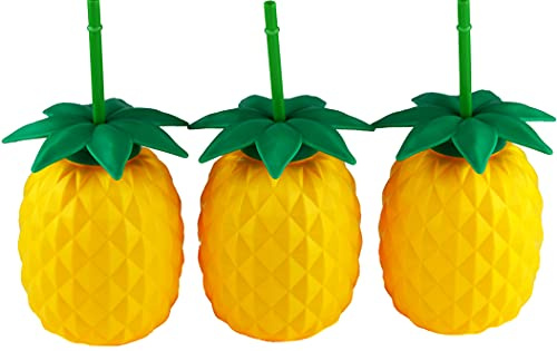 PDTXCLS BWG Set of 3 Pineapple Plastic Novelty Drinking Cups with Reusable Straws