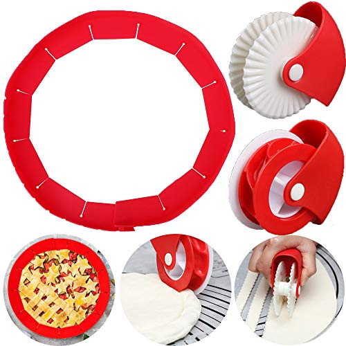 JXCH Pie Crust Protector Shield, Pastry Wheel Decorator & Cutter, Adjustable Silicone, 8-11.4 Inch Pies, Pizza, Cookies, BPA-Free, Non-Toxic, Up to 450°F