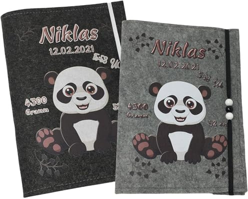 U Heft Hülle und Impfpass aus Filz - Personalisiert mit Namen - Untersuchungsheft Schutzhülle - Babygeschenke zur Geburt - Kinderuntersuchungsheft Mädchen und Junge - Pandabär