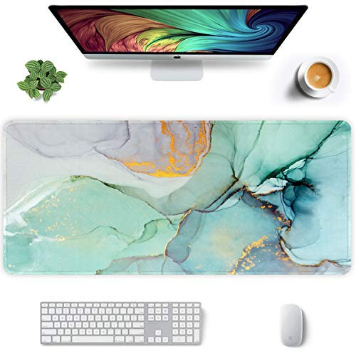 Auhoahsil Erweitertes Mauspad, XXL-Gaming-Mauspad, großes Mauspad, Laptop, Computer, Tastatur-Matte, Schreibtischunterlage mit rutschfester Unterseite, genähter Rand, 80 x 40 cm, grüner Marmor