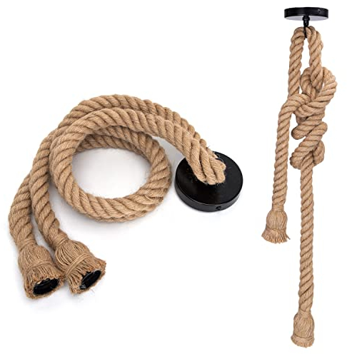 Aigostar Vintage Seil Hängelampe,Retro E27 Doppelkopf Hanfseillampe mit Kabel 1m,Für Küche,Haus,Cafe,Bar, Lager, Bauernhof (ohne Birne)