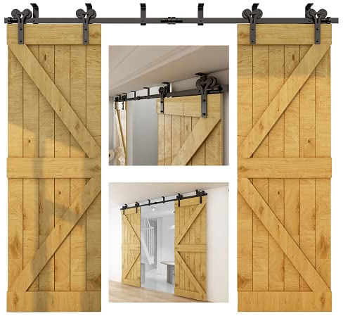 CCJH 12FT/367cm Schiebetürbeschlag Set Schiebetürsystem Deckenmontage Klammern Schwarz komplettes Set mit Y Form Laufrollen und Hängeschiene Für Doppeltür