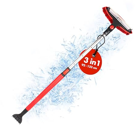 WALSER Balai à neige 3en1 avec grattoir à glace télescopique, grattoir à glace avec manche télescopique 92-132 cm rouge/noir