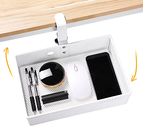 Euyona Mesh Desk Organizer and Clamp-on Swivel Pencil Drawer, Desk Hidden Desk Organizer Extra Sturdy C-Clamp Mount System and Easy to Instal, Home Office Art Supply Storage Box (White)