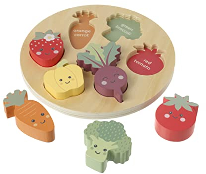 Happy Veggies Wooden Puzzle Board - Includes 6 Play Food Vegetables - Shape Sorter Wooden Puzzles for 1 Year Old, Toddler - Educational Montessori Early Development & Activity Toys by Orange Tree Toys