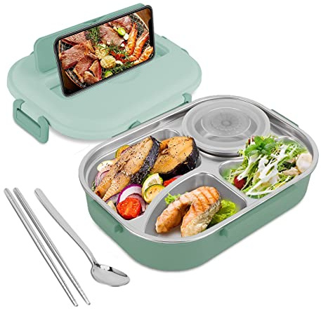 Lunchbox aus Edelstahl mit 4 Gittern, Lunchbox Auslaufsicher, Tragbarer Brotzeitdose Enthält Löffel und Essstäbchen, Silikondichtring und vierseitige Verriegelung für Studenten und Büroangestellte