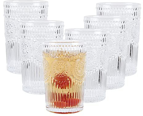 Eden & Willow E&W Set of 6 Embossed Highball Drinking Glasses, Tumblers for Cocktails, Hot and Cold Drinks (Set of 6, 345ml)