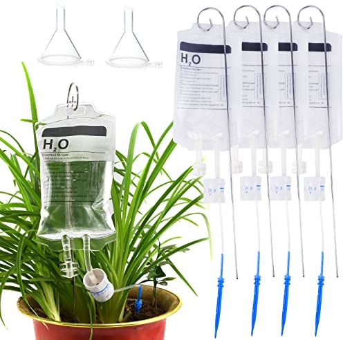 HUOGEE Automatischer Bewässerungsbeutel 4-teiliger Pflanzenbewässerungsbeutel mit 3 Trichtern 350ml Verstellbares Gartenbewässerungssystem DIY-Haken für Mehr Stabilität