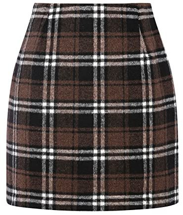 Wool Skirt for Women 2025 High Waisted Pencil Tartan Warm Mini Plaid Fall Winter Skirt (Coffee, M)