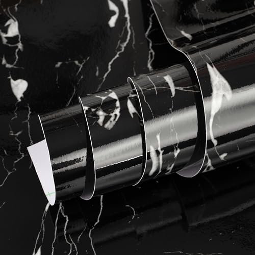 vgoltd Furniture Sticker Marble Effect Self Adhesive Vinyl Sticky Back Peel and Stick Contact Paper Roll for Kitchen Countertop Worktop Table & Door (Style 2 Black, 30 x 100 cm)