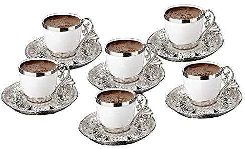 Dinner Plate Set Turkish Coffee Cup Saucers Set for 6 Person Porcelain 4 OZ Coffee Espresso Women Men Gift Housewarming Birthday Wedding (Color : Silver) (Silver)