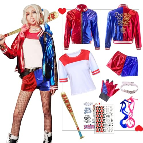 Amycute Cosplay Kostüme für Erwachsene, Bösewicht Suicide Kostüm Kit enthalten Jacke, T-Shirt, Shorts und Handschuh für Halloween Karneval Cosplay (S(150-155cm))