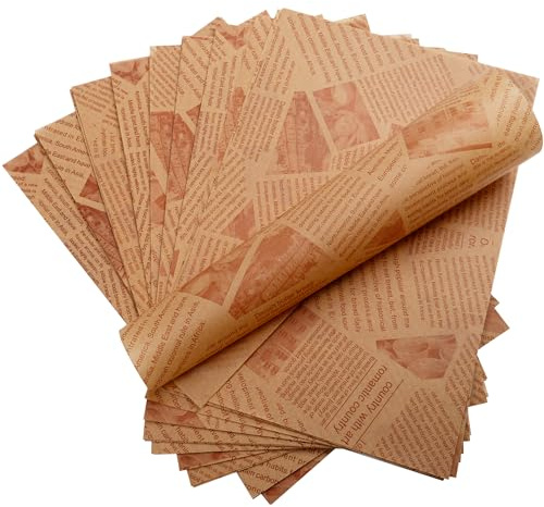 200 Greaseproof Paper Sheets for Food Basket & Plate Liners 12 x 8 Inch Old Newspaper Style Food Wrapping Deli Paper for Burger French Fries Bread Sandwich Fish and Chip Wrapping (Brown)