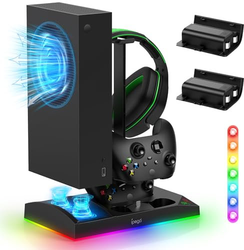 Upgraded RGB Cooling Fan Charging Station for Xbox Series S Console& Controller,Dual Charger Dock Cooler System Stand with 15 Colorful Light Modes Accessories with 2*1400mAH Rechargeable Battery,Black
