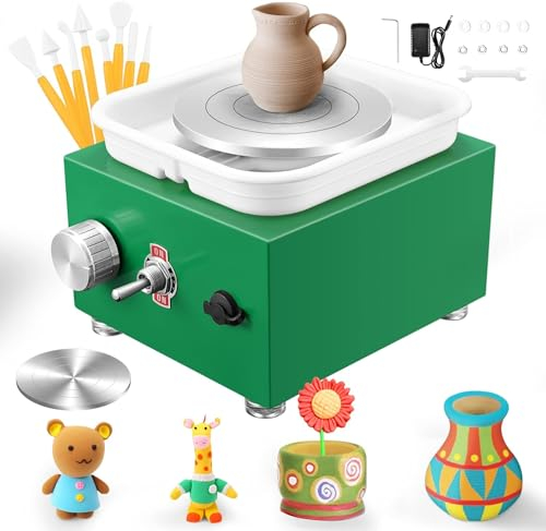 Mini Elektrisch Töpferscheibe, Couleeur 2000RPM Elektrische Töpferscheibe Maschine, Töpferscheibe Keramik mit Abnehmbarem ABS-Becken und 6.5/10CM Drehteller-Drehmaschine, DIY-Keramikwerkzeug(Grün)