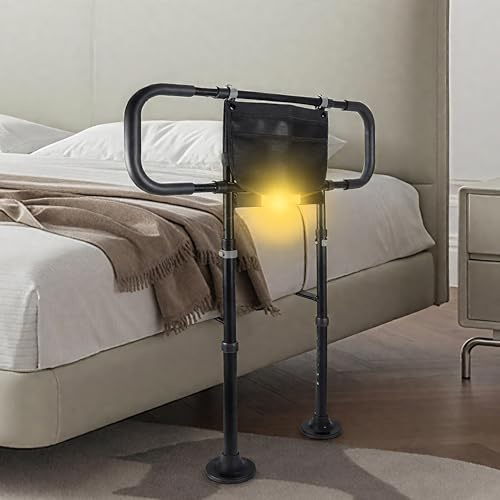 Rieles de cama para adultos mayores. Seguridad: caña de cama de altura ajustable con bolsillo de almacenamiento, mango antideslizante, luz con sensor de movimiento, barandillas para adultos mayores,