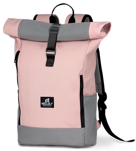 MOCLOLY Rolltop Rucksack Damen - Wasserdicht Rollrucksack - Mit Laptopfach Klein Travel Backpack, Elegant Reiserucksack für Uni Business Arbeit City Reise - Rosa