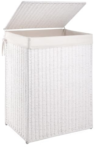 OIAHOMY Laundry Hamper with Lid, 90L(23.8 Gal) Large Wicker Laundry Basket for Bedroom, Handwoven Paper Rope Clothes Hamper with Washable Liner & Metal Frame, Decorative Organizer for Bathroom White