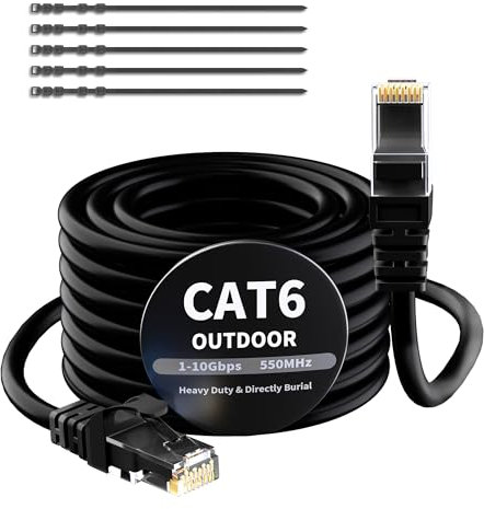 Câble Ethernet CAT 6 - 7,5 m - Noir - Pour l'extérieur et l'intérieur - Étanche - Pose directe - Câble réseau Gigabit - UTP, CCA - RJ45 - Pour caméra POE, routeur, modem, commutateur + 25 serre-câbles