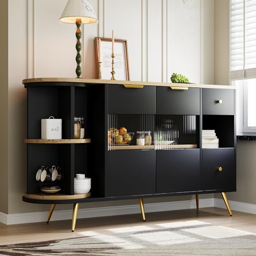 KecDuey Aparador, cómoda de 130 x 40 x 80 cm, para comedor, salón, armarios de almacenamiento con puertas correderas de cristal y luces LED de madera, armarios independientes, armarios de cocina