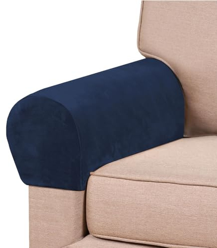 Morbuy Set of 2 Stretch Armchair Covers for Arms, Velvet Armrest Covers Anti-Slip Solid Color Sofa Arm Covers Chair Arm Covers Protectors Sofa Arm Caps Slipcovers (Navy blue)