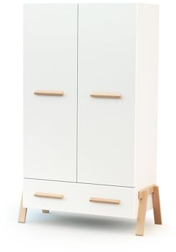 AT4 – Kinderkleiderschrank mit 2 Holztüren CANAILLE Weiß und Buche 108 x 53 x176 cm | 6 Regale, davon 4 höhenverstellbar und eine Garderobe