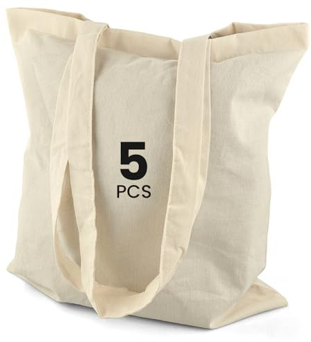 Netuno 5 Stück Stofftaschen naturfarben 38 x 42 cm Baumwolltaschen mit langen Henkeln Tragetaschen Einkaufstaschen Umhängetaschen Baumwolle zum Bemalen Bedrucken Baumwollbeutel Jutebeutel Tote Bag