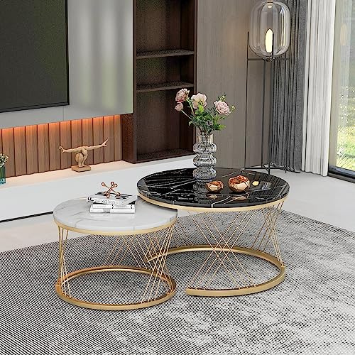 Merax Couchtisch Rund, Satztisch 2er Set, Moderne Beistelltisch Wohnzimmertisch Nesting Kaffeetisch mit Gold Metallgestell, Marmormuster, Sofatische für Wohnzimmer Balkon Büro, Schwarz & Weiß