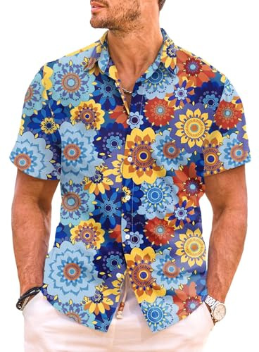 Meilicloth Hawaii Hemd Männer Hippie Hemd Herren Kurzarm Sommer Blumen Freizeithemd Kurzarmhemd 70er Jahre Hemden Party Disco Unisex Urlaub Strand Shirt Sommerhemd Regular Fit A Himmelblau XL