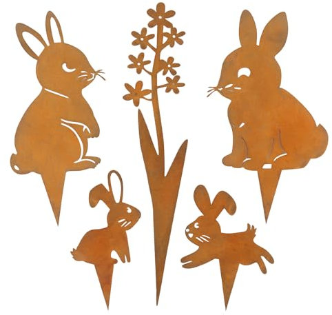 RYAN 5 in 1 Lapin de Déco Jardin Mmétal Rouillé Fer Lapin de Pâques Piquets de Jardin Lapin de Paques pour Deco Paques Exterieur Fête de Pâques Decoration Printemps