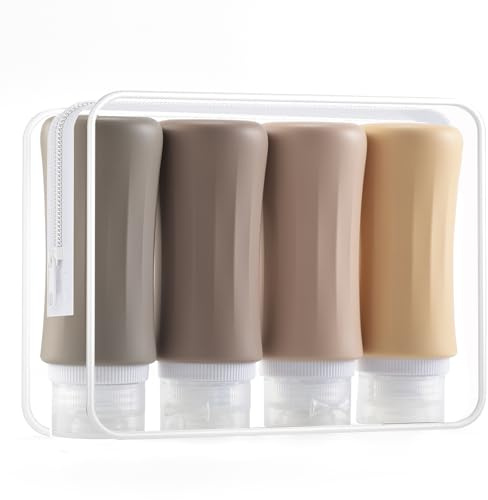WUERQIE Set med 4 Bärbara Rese flaskor I Silikon, Godkända av CAA, 98 Ml, Läcksäkra, Påfyllningsbara, Komprimerbara för Lotion, Flytande Schampo, Tvålar och Toalettartiklar