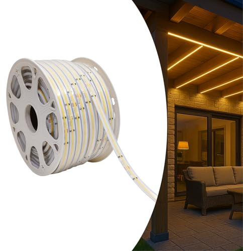 LED ATOMANT 10 Metros de Tira LED 220V COB Directa, Luz Exterior Lineal 10W/m, IP67 Impermeable, Color Blanco Calido (3000K) 950LM/m Corte 16,5cm, Uso sin Transformador, Conector Incluido