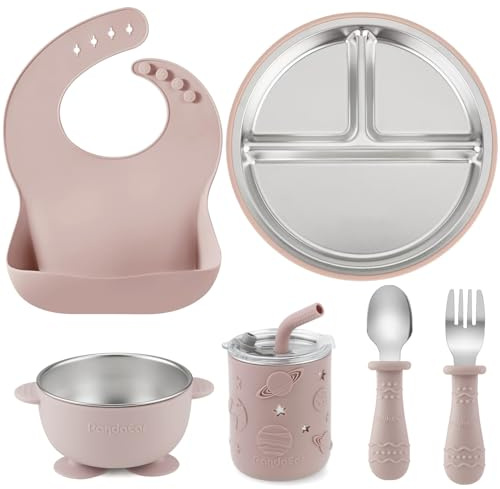 PandaEar 6-i-1 barnkalkset i rostfritt stål | Delad tallrik med sugkopp, skål, bägare med sugrör, haklapp, sked och gaffel | BPA-fria självuppfyllande tillbehör (rosa)
