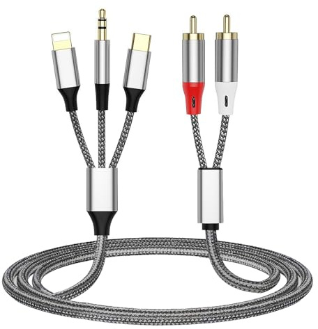 Câble audio RCA vers 3,5 mm, 2 RCA mâles vers USB de type C/Lightnning, câble audio auxiliaire, iPhone vers phono 3,5 mm compatible avec iPhone/Samsung Galaxy/Huawe/tablette/PC pour TV, haut-parleurs