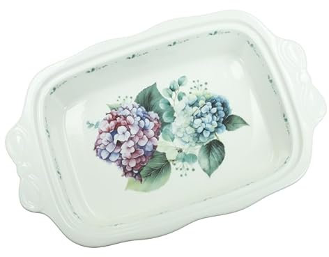 Flora Brandani 51246 - Fuente de horno de cerámica grande, color verde y rosa, para horno rectangular, 24,5 x 19,5 cm, hortensias florales